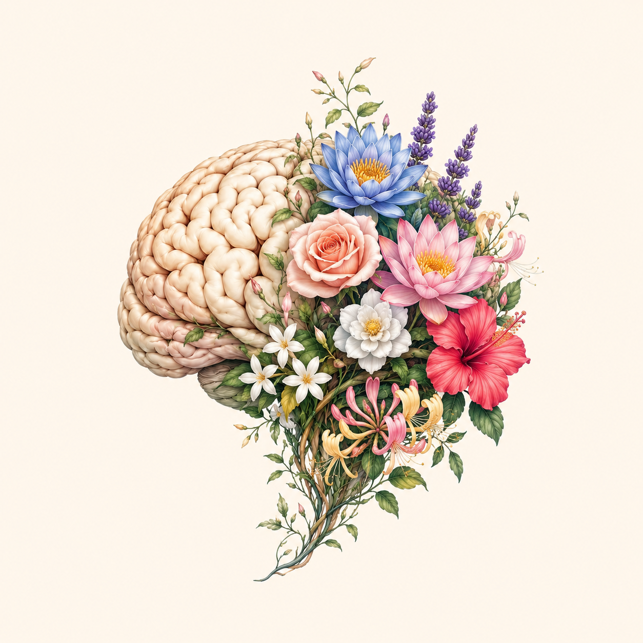 Botanical Intelligence Botanical Intelligence: flowers and leaves intertwined with a sculptural brain