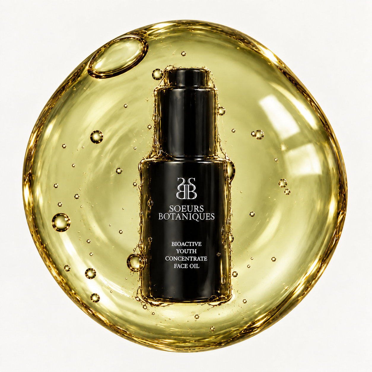 Bioactive Youth Concentrate Face Oil Soeurs Botaniques Bioactive Youth Concentrate Face Oil immersed in an olive-gold oil bubble