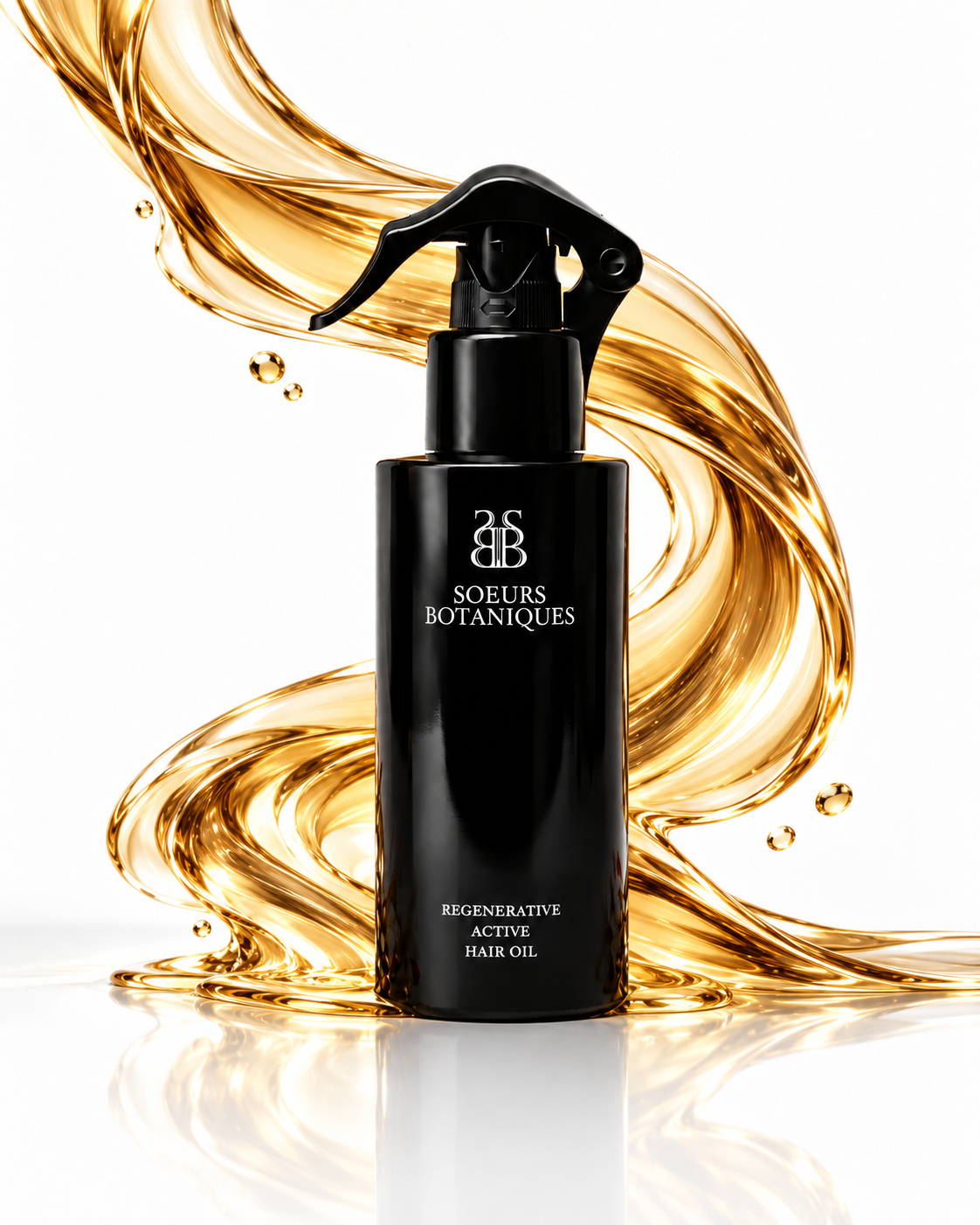 Soeurs Botaniques Regenerative Active Hair Oil with sculptural golden oil ribbons resembling flowing hair against a white background