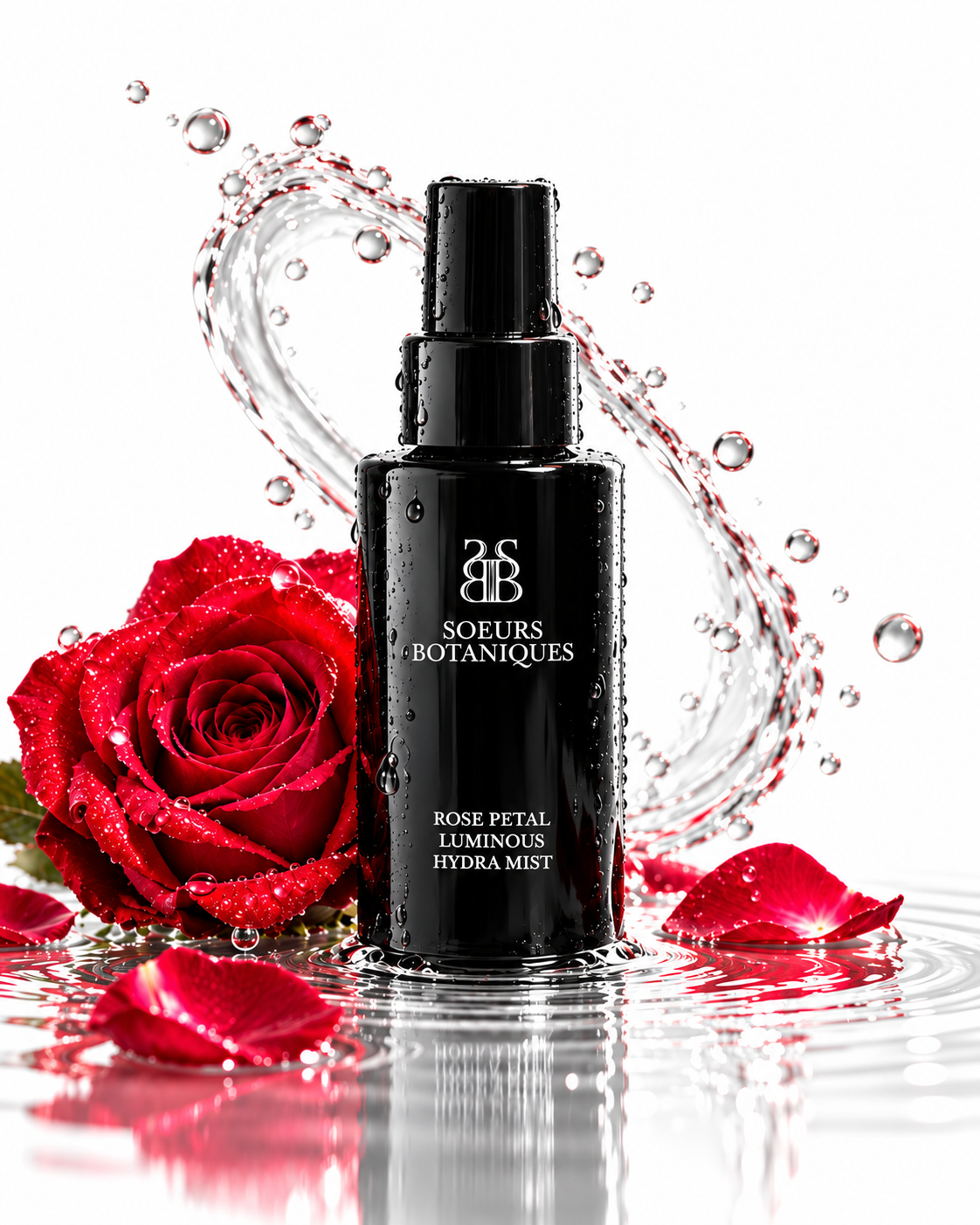 Soeurs Botaniques Rose Petal Luminous Hydra Mist with a red rose and clear water splash against a white background
