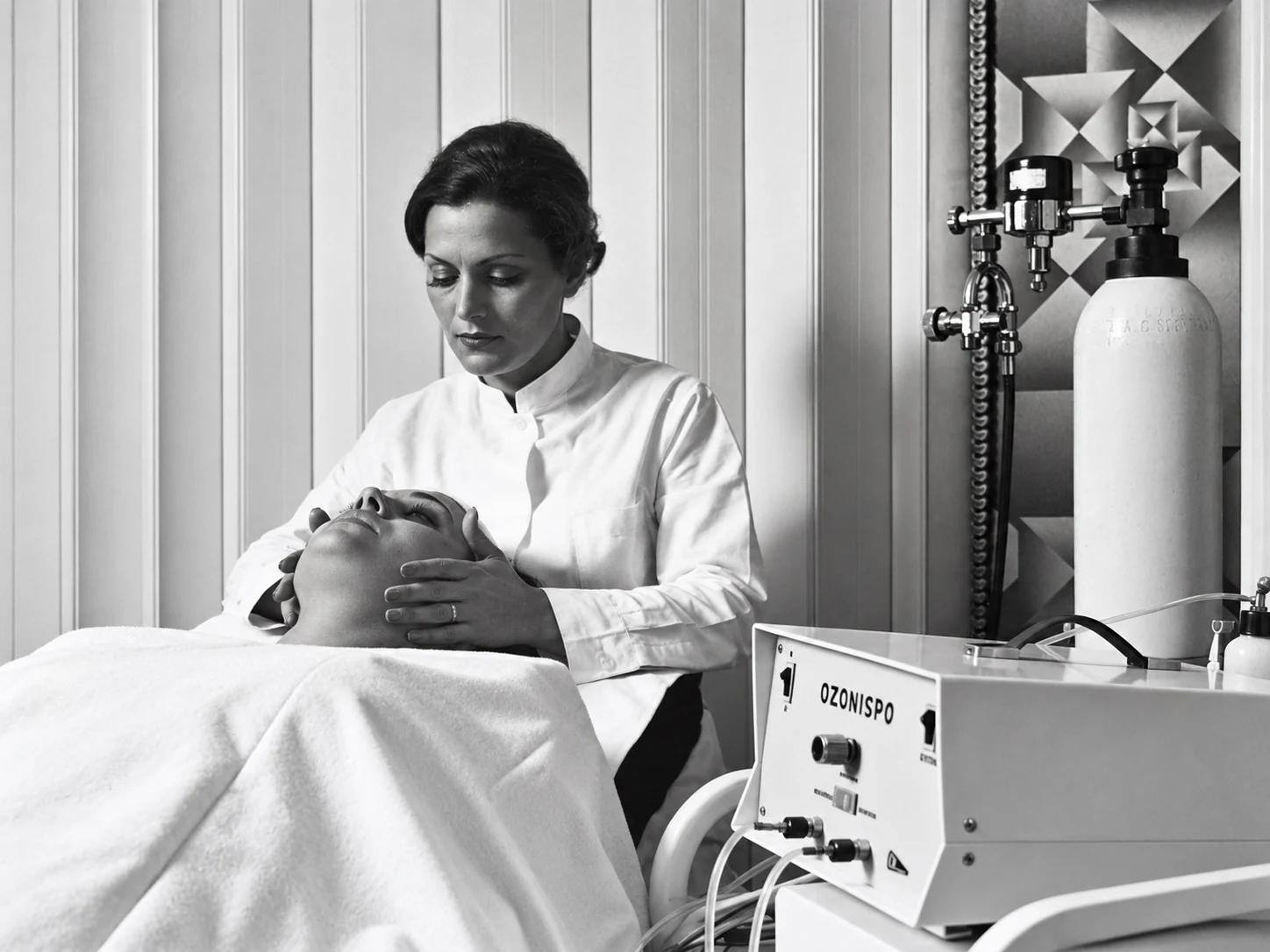 Archival black and white photograph of a facial treatment in the founders’ mother’s clinic