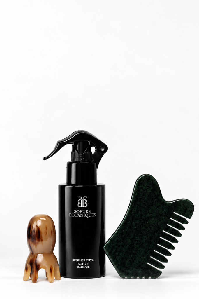 Soeurs Botaniques Regenerative Active Hair Oil with horn vitality massager and nephrite activation comb